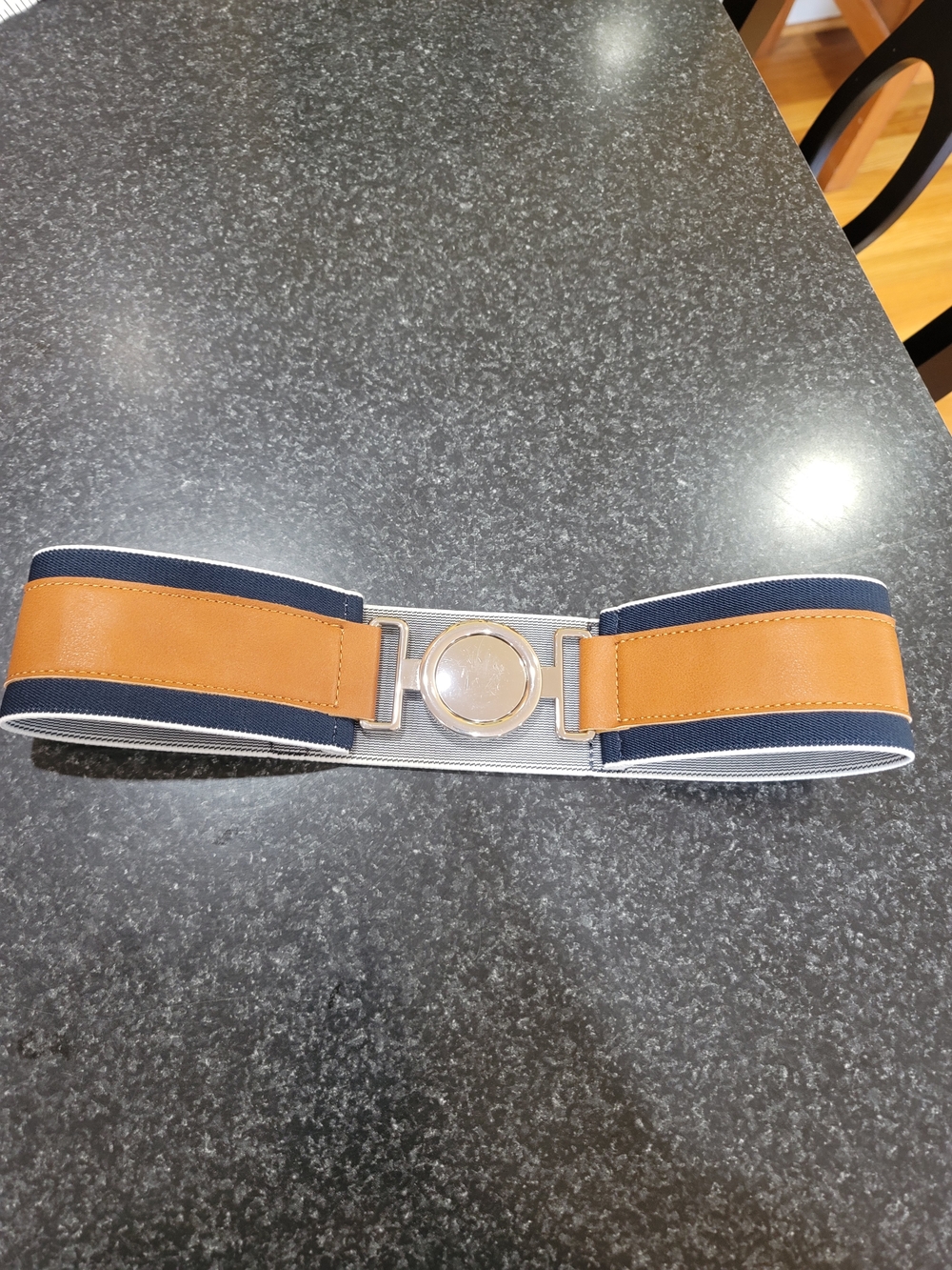 Women's Elastic Waist Belt with Tan Leather Accents and Navy Straps